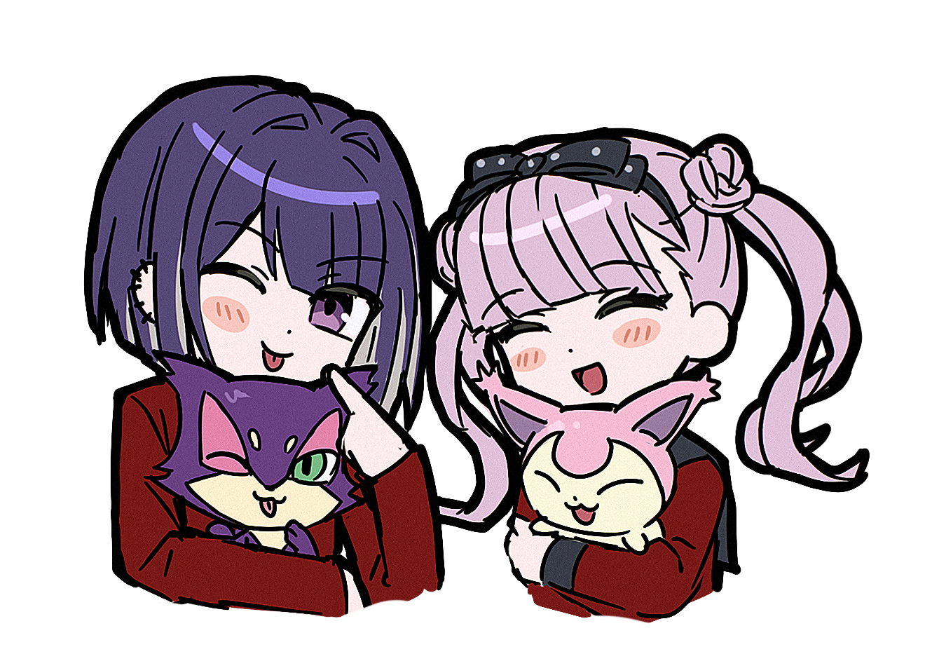 purrloin, skitty, tsukumo ima, tsukumo kako, nintendo, pokemon, the hundred line -last defense academy-, 1boy, 1girl, animal, black hairband, blush, brother and sister, closed eyes, crossover, double bun, ear piercing, gen 3 pokemon, gen 5 pokemon, hair bun, hairband, holding, holding animal, one eye closed, piercing, pink hair, pokemon (creature), purple hair, red shirt, school uniform, shirt, siblings, sumi ringo, twins, white background