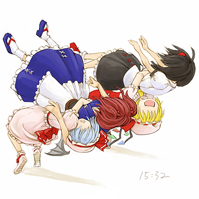 cervus, flandre scarlet, onozuka komachi, remilia scarlet, shameimaru aya, touhou, lowres, 4girls, bat wings, black hair, blonde hair, blue hair, female focus, german suplex, hat, multiple girls, red hair, ribbon, short hair, skirt, suplex, vampire, white background, wings, wrestling