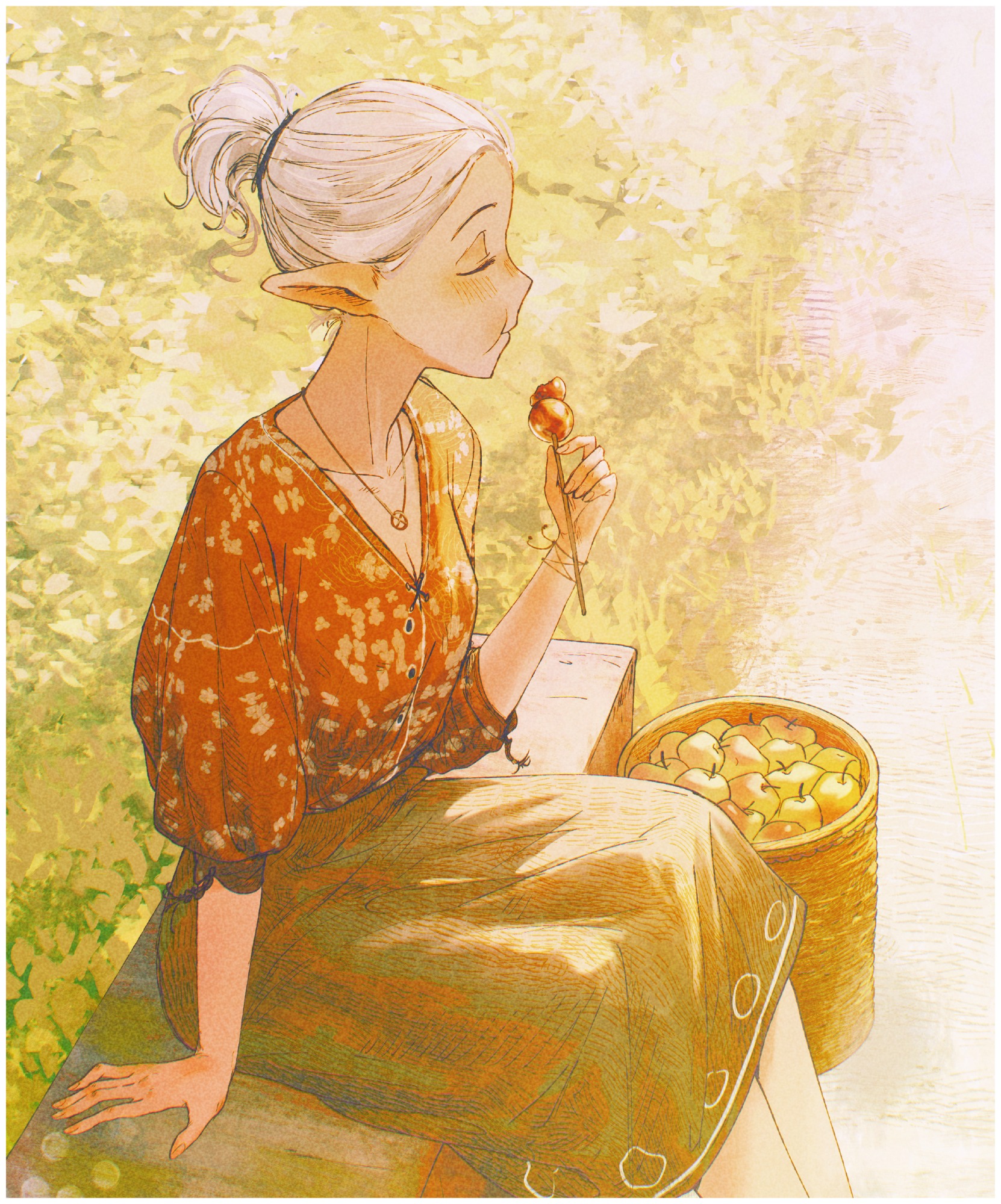 spindle (aidenr0), asimov (spindle (aidenr0)), original, highres, apple, basket, bench, blush, breasts, closed eyes, elf, food, fruit, full mouth, hair tie, hand on bench, holding, holding food, jewelry, leaf print, medium skirt, necklace, on bench, pointy ears, ponytail, red shirt, shirt, short ponytail, sitting, skirt, small breasts, v-neck, white hair