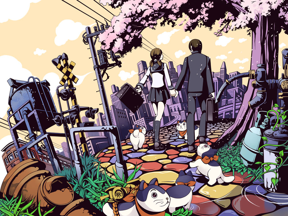 torigoe takumi, original, 1boy, 1girl, abstract, bag, cat, cherry blossoms, colorful, from behind, full body, hetero, holding hands, long sleeves, outdoors, pavement, plant, pleated skirt, school bag, school uniform, shirt, skirt, surreal, tree, walking, white shirt