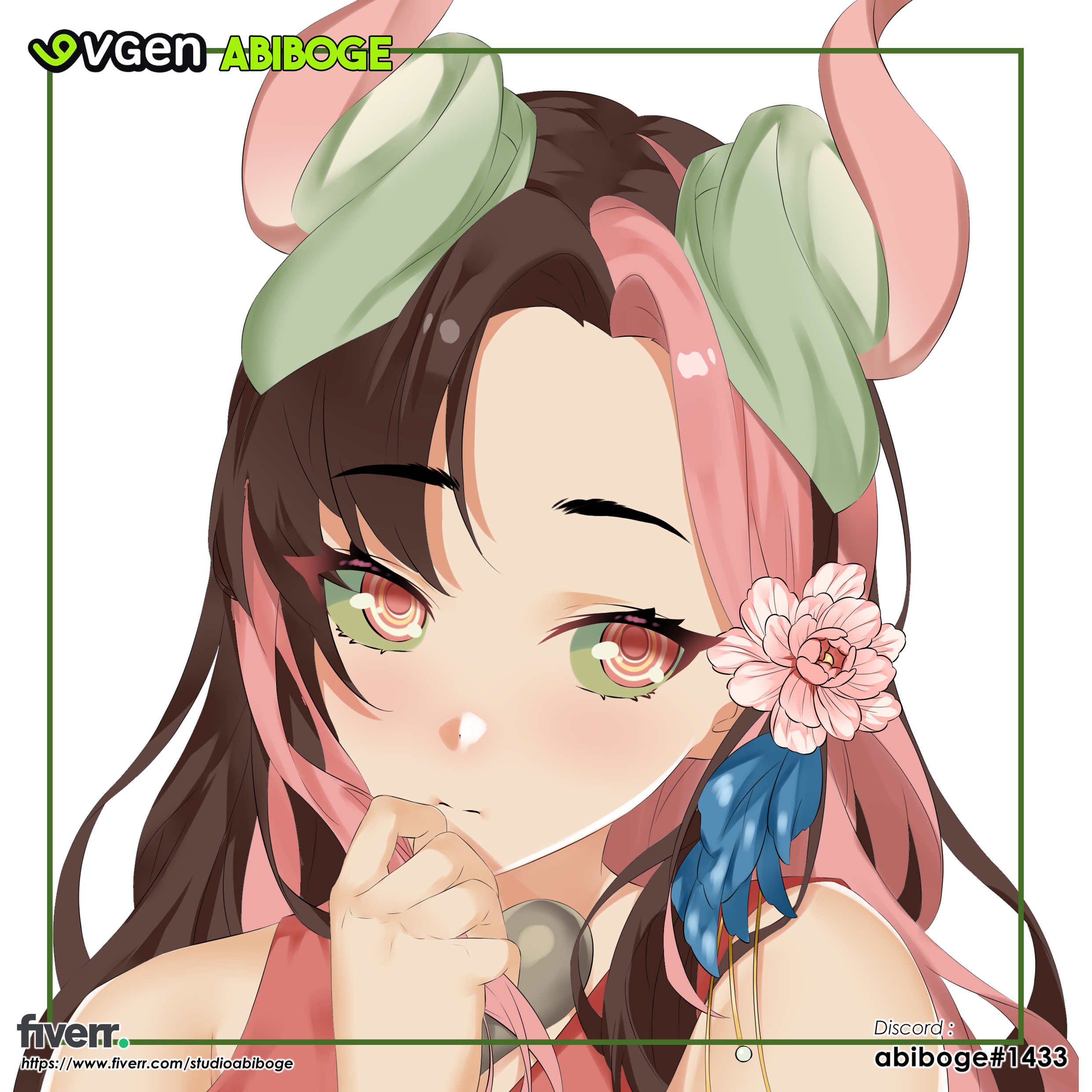 abiboge, original, absurdres, commentary, commission, english commentary, highres, vgen commission, 1girl, artist name, brown hair, colored sclera, flower, green hair, green sclera, hair flower, hair horns, hair ornament, multicolored hair, pink eyes, pink hair, portrait, solo, watermark, web address