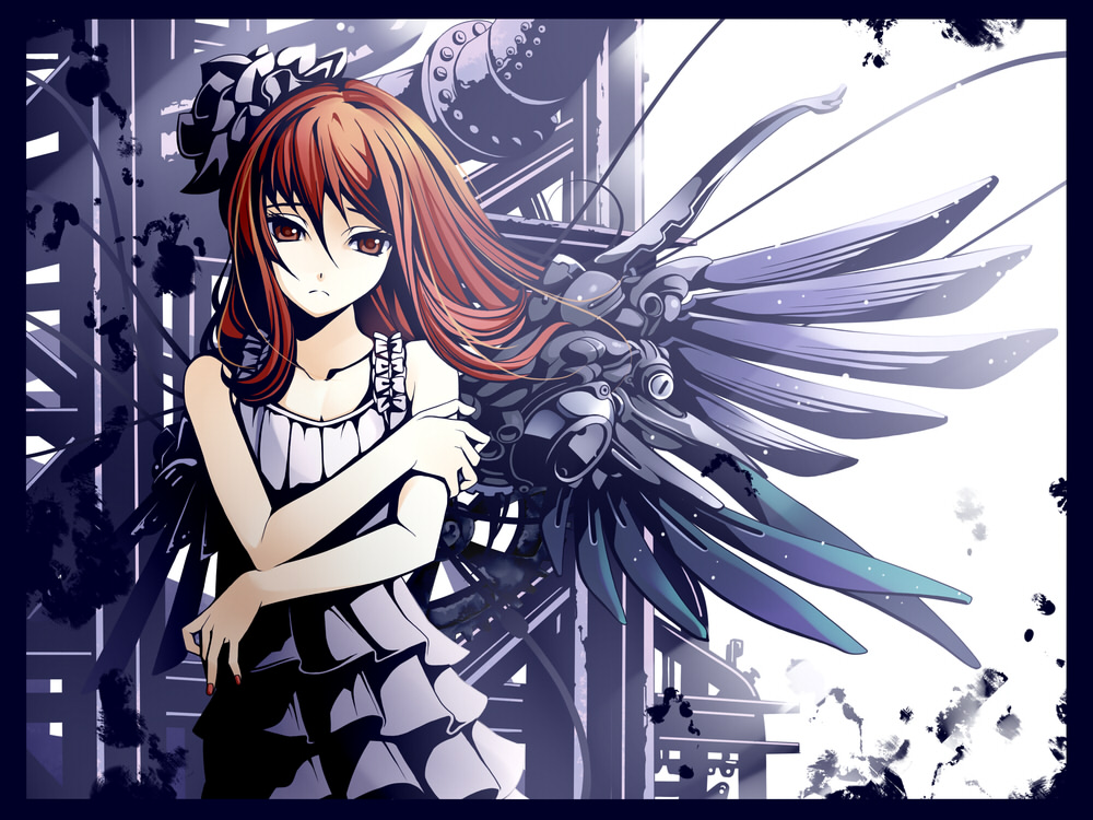 torigoe takumi, original, 1girl, :<, arm hug, bare shoulders, border, brown eyes, brown hair, dress, female focus, hair ornament, long hair, mechanical wings, nail polish, red nails, sad, self hug, solo, wings