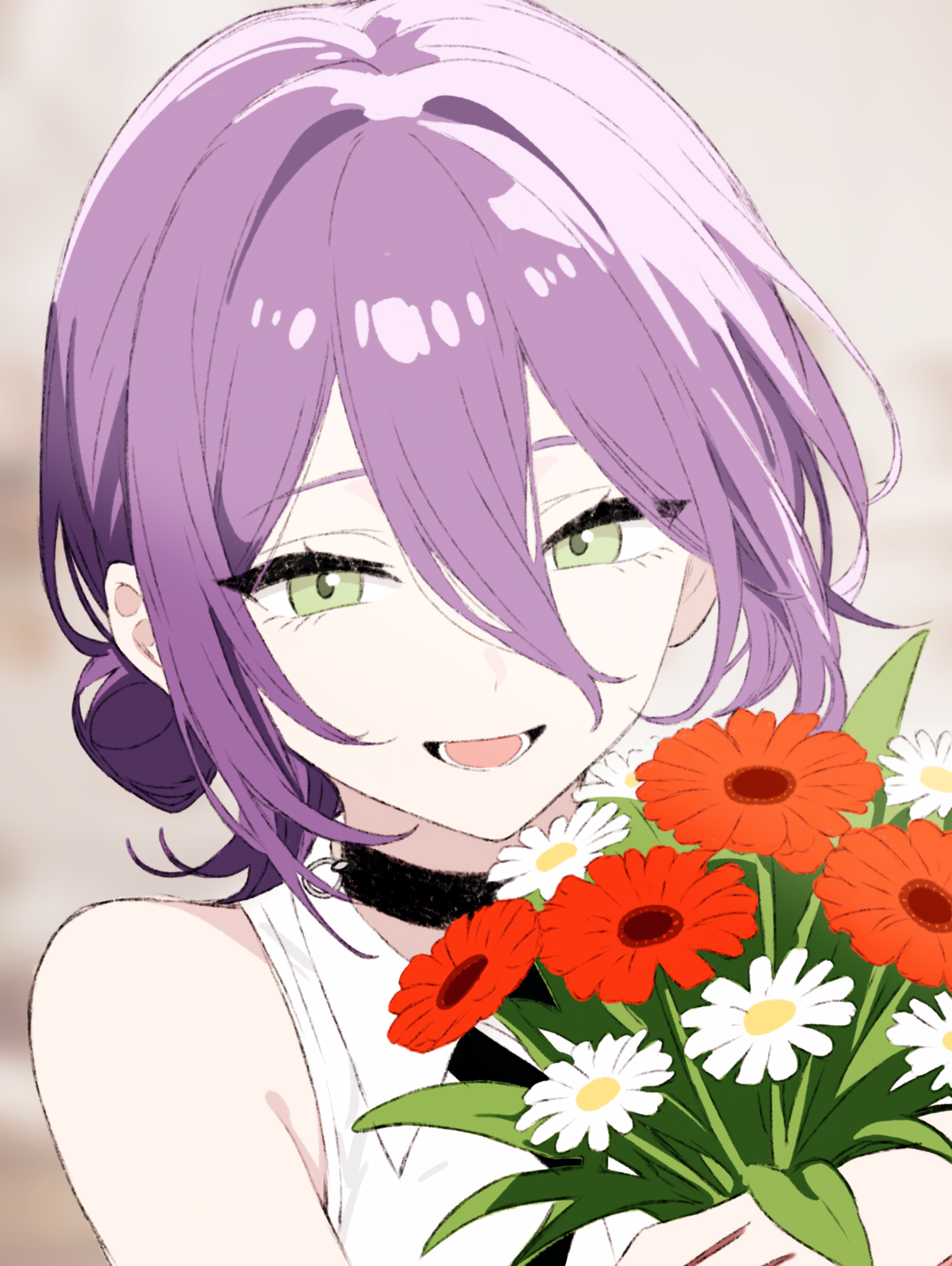 reze (chainsaw man), chainsaw man, absurdres, highres, 1girl, black choker, bouquet, choker, collared shirt, cqcq06, flower, green eyes, grenade pin, hair between eyes, hair bun, holding, holding bouquet, looking at viewer, open mouth, purple hair, red flower, shirt, sleeveless, sleeveless shirt, solo, white flower, white shirt