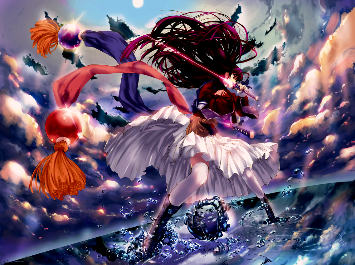 zen99, zen (pixiv772744), original, 1girl, boots, cloud, dual wielding, energy sword, female focus, floating hair, holding, katana, long hair, purple hair, red eyes, skirt, solo, sword, thighhighs, weapon, white thighhighs, x arms