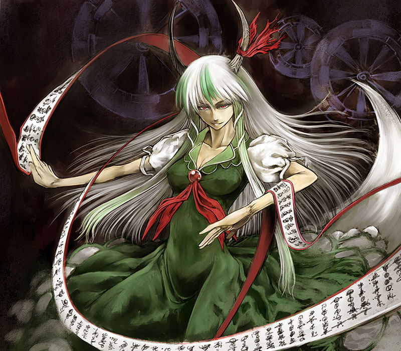 cervus, ex-keine, kamishirasawa keine, touhou, 1girl, bad anatomy, bad hands, female focus, horn ornament, horn ribbon, horns, long hair, man hands, poorly drawn, red eyes, ribbon, solo