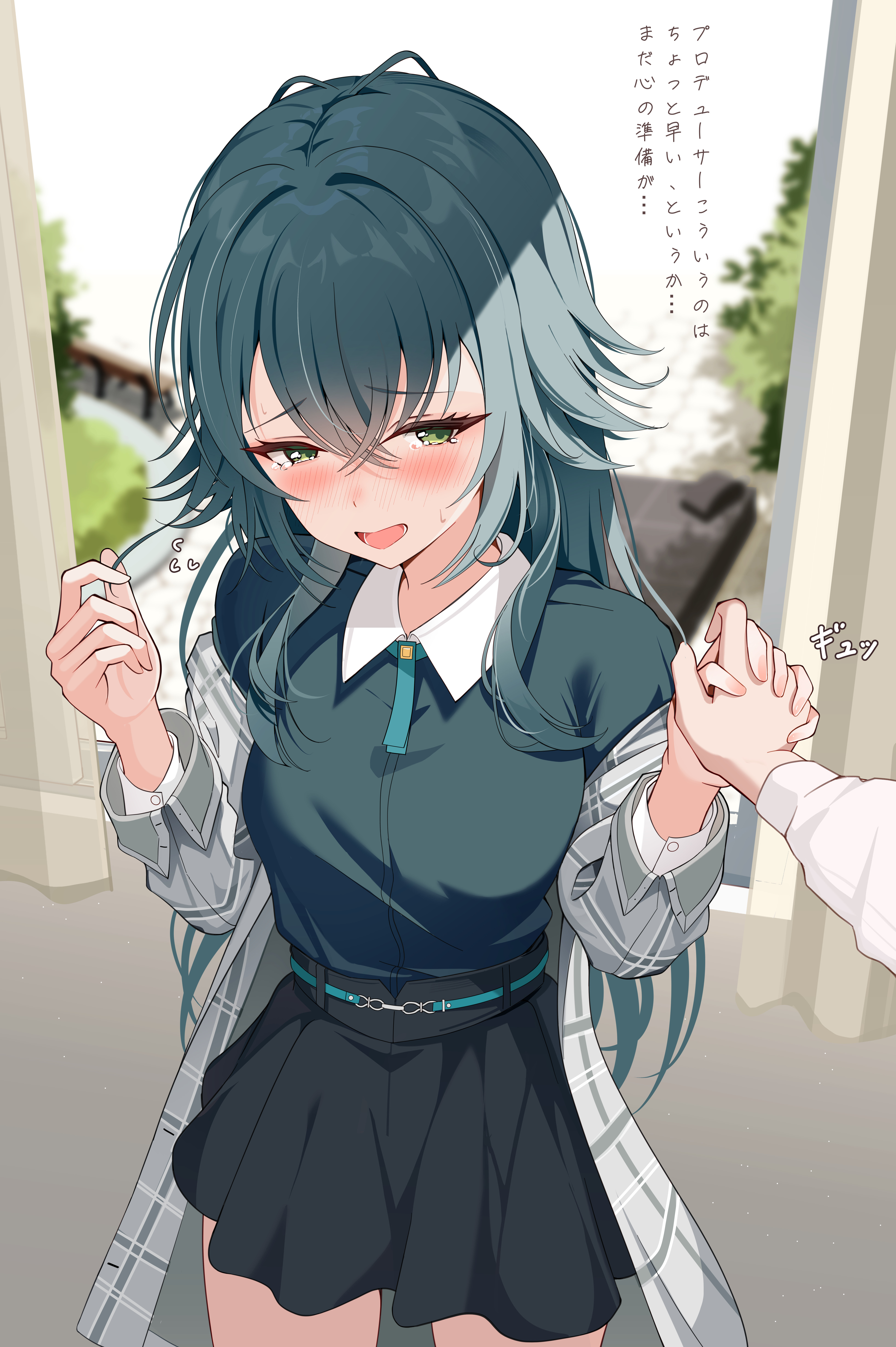 sikimosh, tsukimura temari, gakuen idolmaster, idolmaster, absurdres, commentary request, highres, translation request, 1girl, 1other, black skirt, blush, coat, collared shirt, cowboy shot, crossed bangs, eyelashes, flying sweatdrops, green eyes, green hair, green shirt, grey coat, hair between eyes, hair intakes, hands up, holding hands, indoors, interlocked fingers, long hair, long sleeves, looking at viewer, miniskirt, nose blush, open clothes, open coat, open mouth, plaid clothes, plaid coat, shirt, sidelocks, skirt, solo focus, sound effects, sweatdrop, tearing up, tears, tsurime, very long hair, window