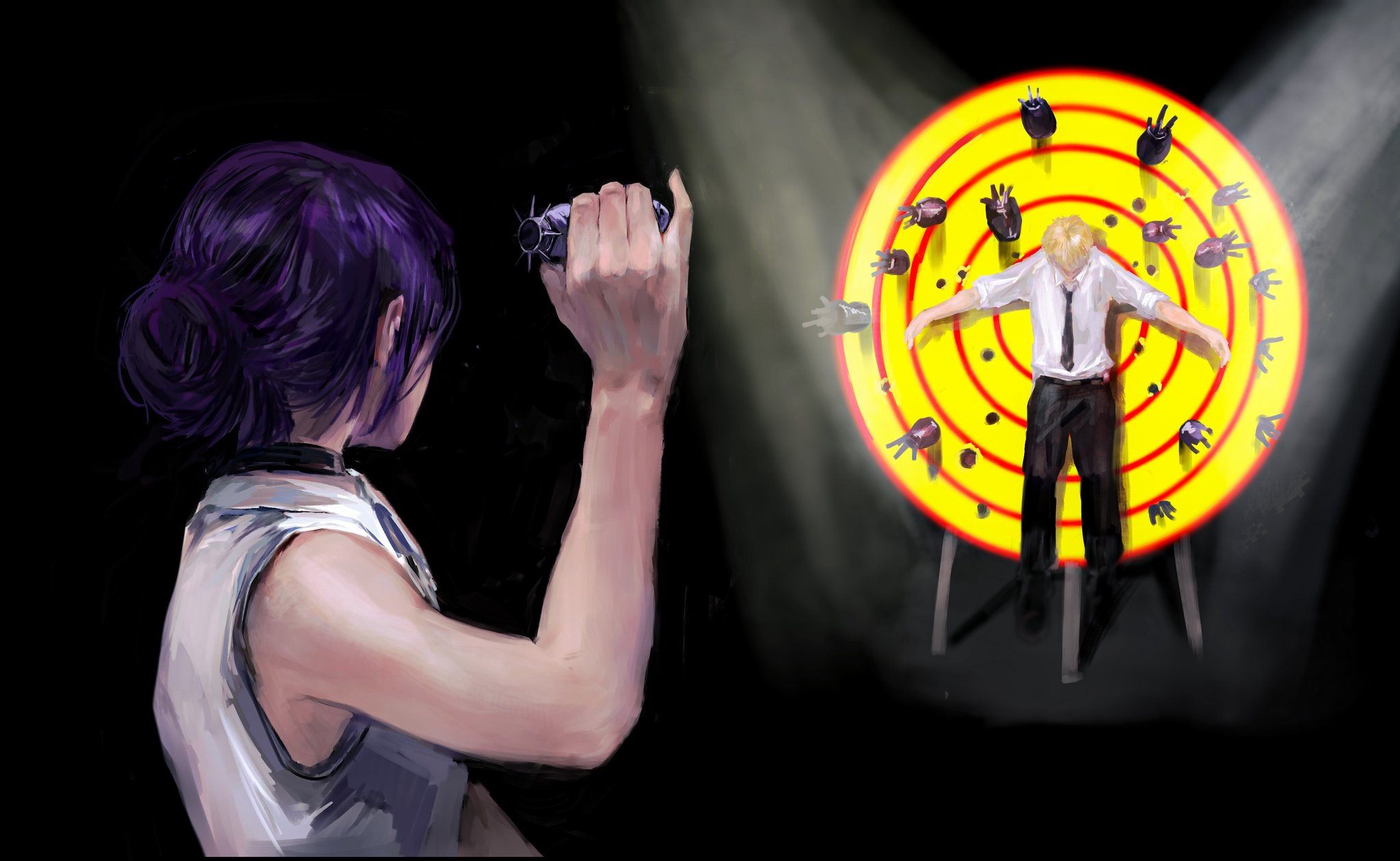 denji (chainsaw man), reze (chainsaw man), chainsaw man, commentary request, highres, 1boy, 1girl, black choker, black necktie, black pants, blonde hair, bomb, choker, doeun o o, explosive, hair bun, medium hair, necktie, pants, purple hair, shirt, short hair, sleeveless, sleeveless shirt, target practice, white shirt