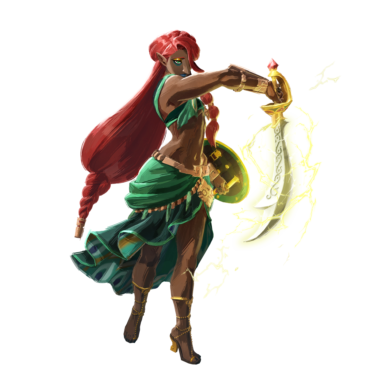 ardi (zelda), hyrule warriors: age of imprisonment, nintendo, the legend of zelda, the legend of zelda: tears of the kingdom, highres, official art, 1girl, bare shoulders, blue lips, braid, dark-skinned female, dark skin, full body, gerudo, green eyes, holding, holding shield, jewelry, lipstick, long hair, low-braided long hair, low-tied long hair, makeup, muscular, pointy ears, red hair, scimitar, shield, simple background, sword, transparent background, very dark skin, very long hair, weapon