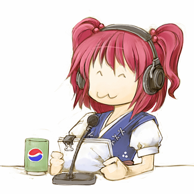 cervus, onozuka komachi, pepsi, touhou, lowres, 1girl, :3, ^ ^, closed eyes, female focus, headphones, microphone, radio booth, red hair, short hair, sitting, solo, twintails, two side up, white background