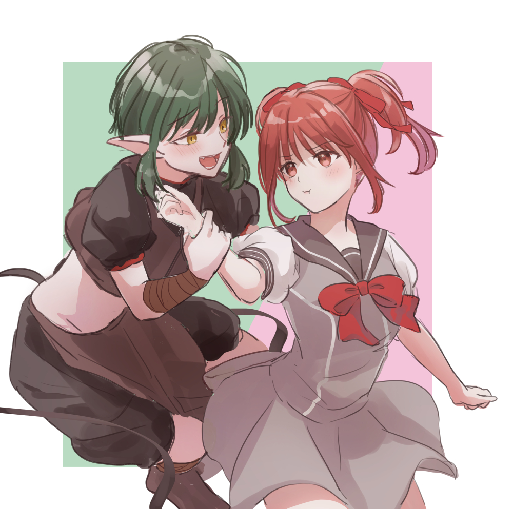 momomiya ichigo, quiche (tokyo mew mew), tokyo mew mew, 1boy, 1girl, arm wrap, blush, crop top, dress, fang, green hair, grey dress, holding another's wrist, medium hair, open mouth, oukoku227, pelvic curtain, pointy ears, pout, puffy short sleeves, puffy sleeves, red eyes, red hair, red ribbon, ribbon, sailor collar, sailor dress, short sleeves, shorts, sidelocks, twintails, yellow eyes