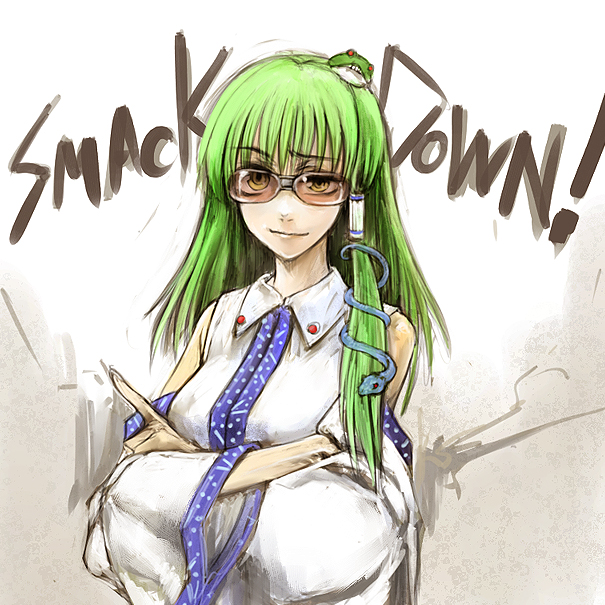 cervus, kochiya sanae, touhou, 1girl, crossed arms, detached sleeves, english text, female focus, frog, glasses, green hair, japanese clothes, miko, snake, solo, sunglasses, yellow eyes