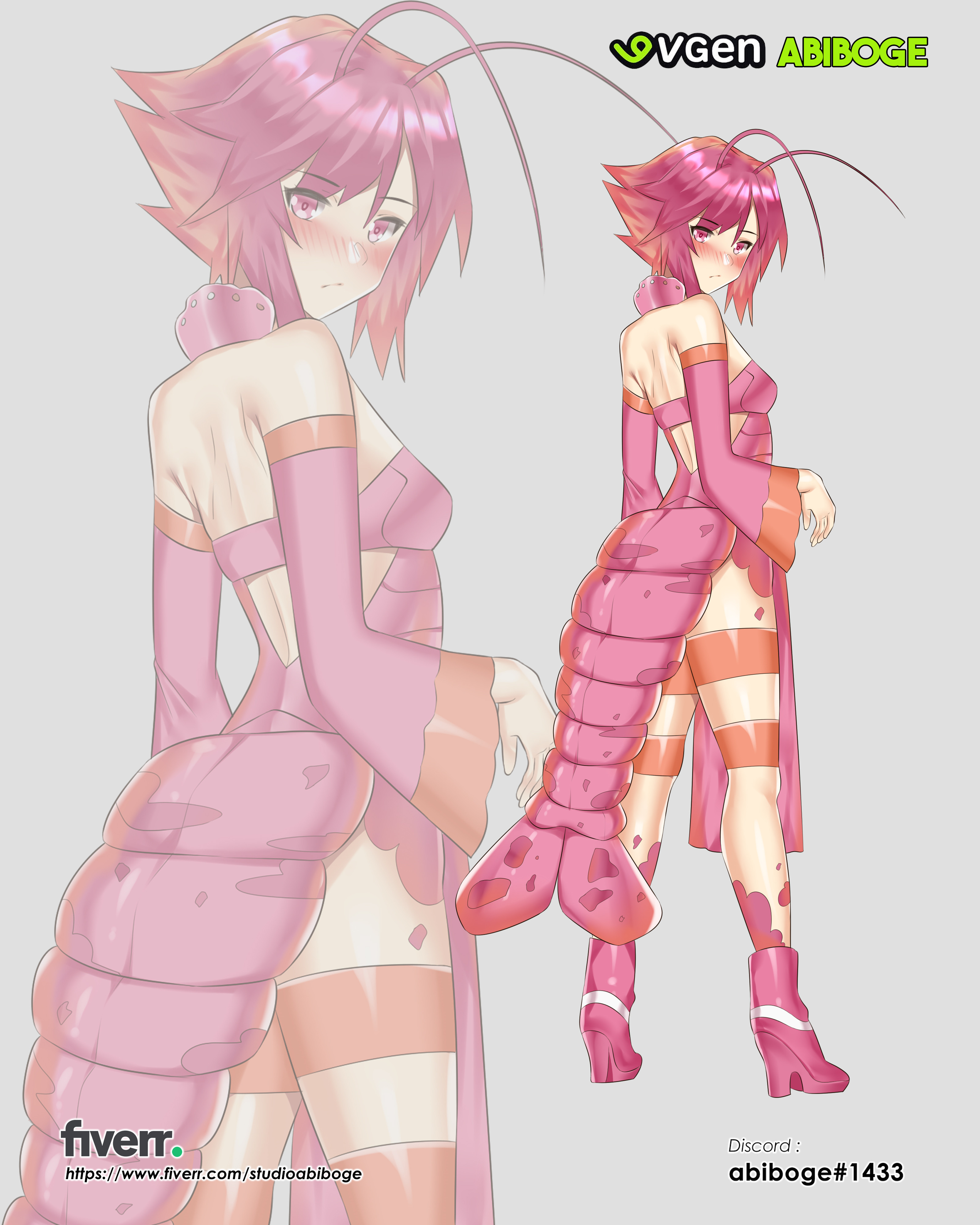 abiboge, original, absurdres, commentary, commission, english commentary, highres, 1girl, antennae, blush, boots, breasts, death, dress, frown, high heel boots, high heels, pink dress, pink eyes, pink hair, short hair, shrimp girl, shrimp tail, small breasts, strapless, strapless dress, thigh strap, wide sleeves, zoom layer