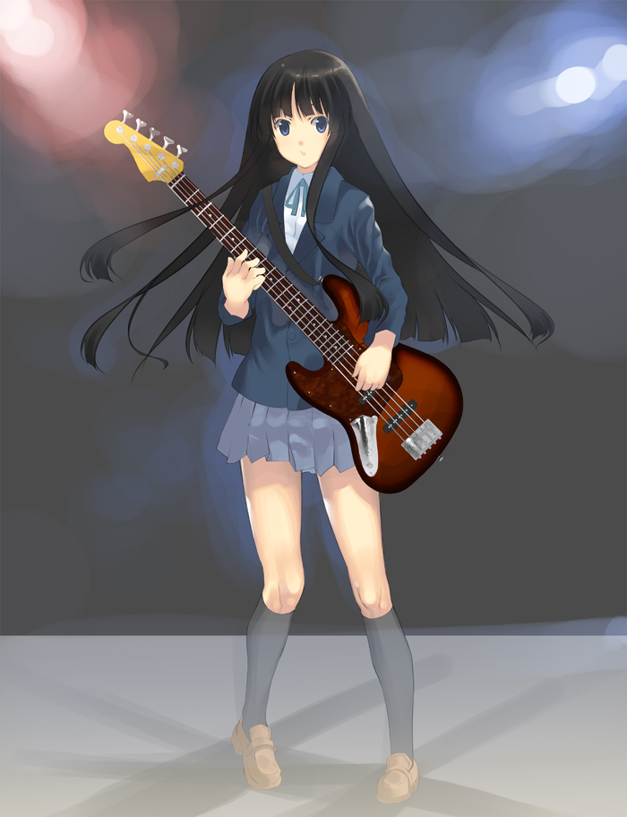 in (pixiv), joeian, akiyama mio, k-on!, bad id, bad pixiv id, 00s, 1girl, bass guitar, black hair, blue eyes, blunt bangs, female focus, hime cut, instrument, kneehighs, long hair, school uniform, shoes, skirt, socks, solo