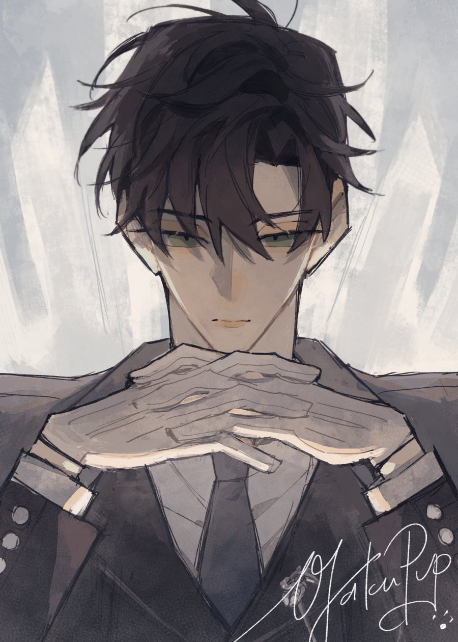 otakupup, zayne (love and deepspace), love and deepspace, highres, 1boy, artist name, black hair, black jacket, black necktie, closed mouth, collared shirt, gloves, green eyes, grey background, hair between eyes, jacket, looking at viewer, male focus, necktie, own hands together, parted bangs, shirt, short hair, solo, suit jacket, upper body, white gloves, white shirt