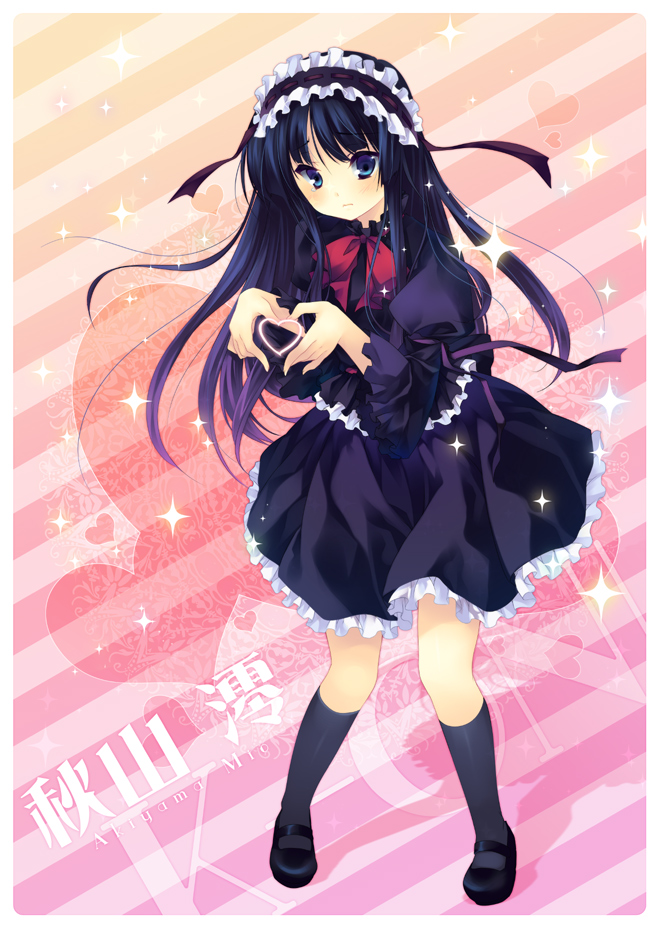 shinia, akiyama mio, don't say "lazy", fuwafuwa time, k-on!, 00s, 1girl, black hair, blue eyes, blunt bangs, blush, dress, female focus, gothic lolita, hairband, headdress, heart, heart hands, hime cut, kneehighs, lolita fashion, lolita hairband, long hair, ribbon, rounded corners, shoes, socks, solo