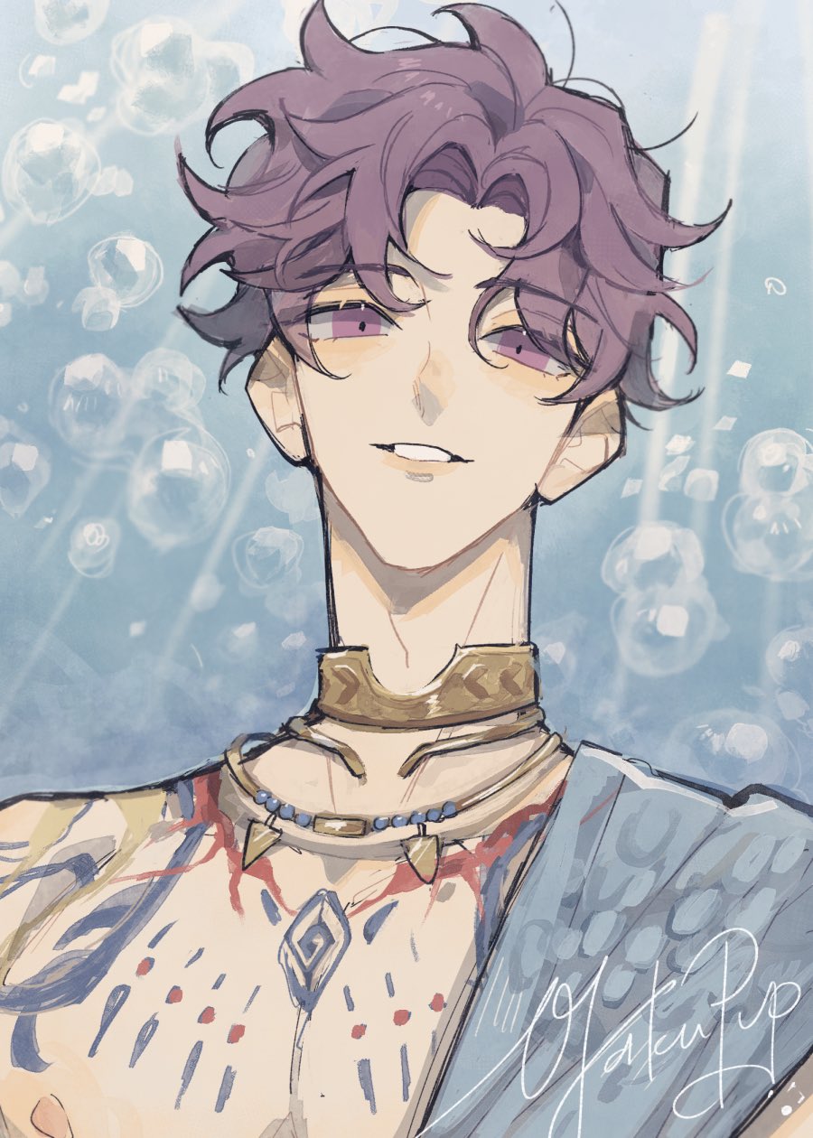 otakupup, rafayel (love and deepspace), love and deepspace, highres, 1boy, air bubble, artist name, blue background, blue sash, body markings, bubble, gold choker, jewelry, looking at viewer, male focus, necklace, parted bangs, parted lips, purple eyes, purple hair, sash, short hair, solo, sunlight, underwater, upper body