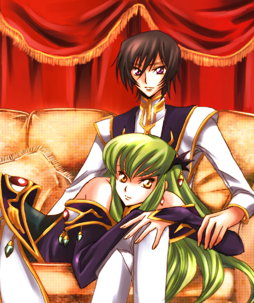 koromo (kinu), c.c., lelouch vi britannia, code geass, bad id, bad pixiv id, 00s, 1boy, 1girl, bare shoulders, black hair, couple, green hair, hetero, in lap, lap pillow, long hair, purple eyes, yellow eyes