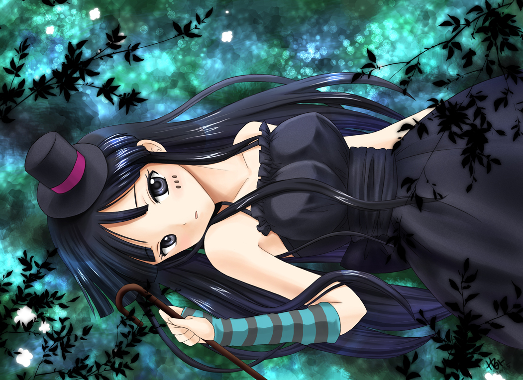 herua, akiyama mio, don't say "lazy", k-on!, bad id, bad pixiv id, 00s, 1girl, black hair, blue eyes, blunt bangs, blush, cane, dress, facepaint, female focus, fingerless gloves, gloves, hat, hime cut, long hair, mini hat, mini top hat, nature, solo, striped clothes, striped gloves, top hat