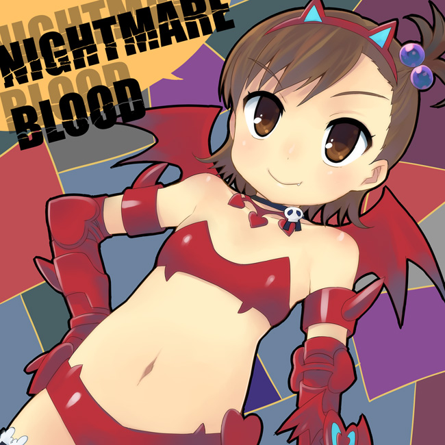 otoutogimi, futami mami, idolmaster, idolmaster (classic), bad id, bad pixiv id, 00s, 1girl, bat wings, blush, brown eyes, brown hair, child, costume, fang, female focus, nightmare blood, shiny clothes, short hair, smile, solo, swimsuit, wings