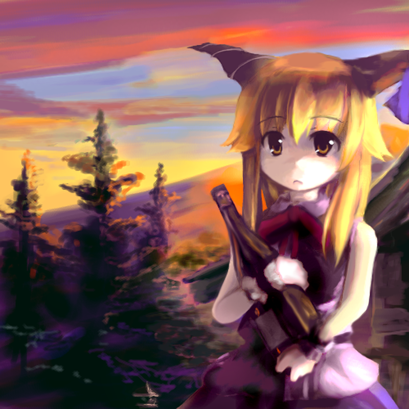 tsubasa (abchipika), ibuki suika, touhou, 1girl, bottle, female focus, horns, matching hair/eyes, orange eyes, orange hair, solo