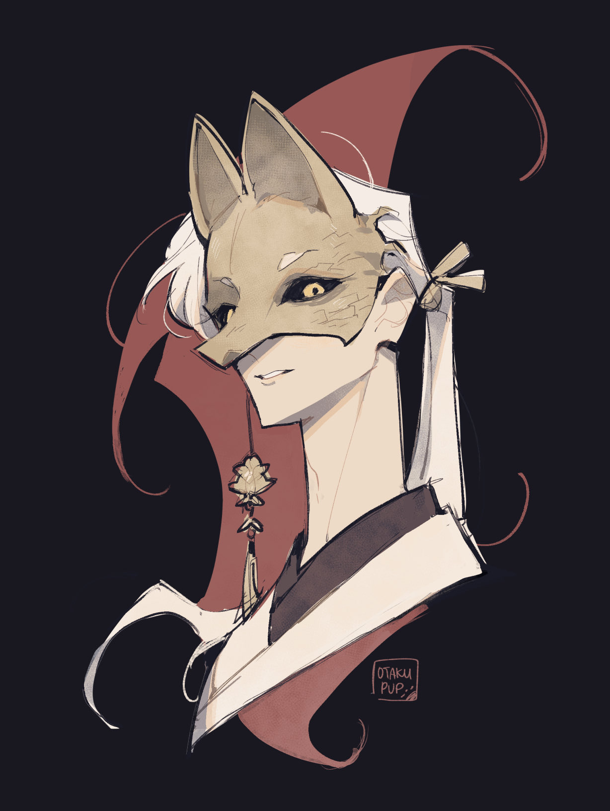 otakupup, fox mask (silent hill), silent hill (series), silent hill f, highres, 1boy, artist name, black background, black sclera, colored sclera, cropped torso, earrings, fox mask, japanese clothes, jewelry, long hair, looking at viewer, male focus, mask, motoyui, parted lips, ponytail, portrait, robe, single earring, solo, tassel, tassel earrings, upper body, white hair, white robe, yellow eyes