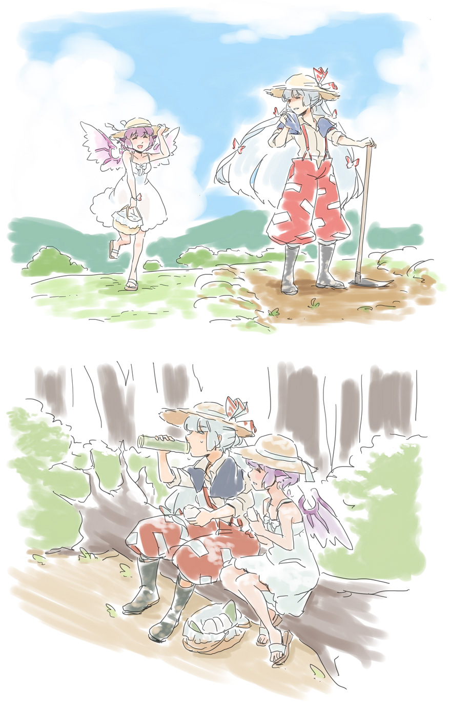 mitsumoto jouji, fujiwara no mokou, mystia lorelei, touhou, highres, 2girls, animal ears, basket, boots, closed eyes, comic, dress, drinking, female focus, field, food, happy, hat, holding, holding unworn clothes, holding unworn hat, multiple girls, onigiri, picnic basket, pink hair, running, sandals, silent comic, sitting, smile, sun hat, sundress, towel, tree, unworn hat, unworn headwear, white dress, white hair, wings