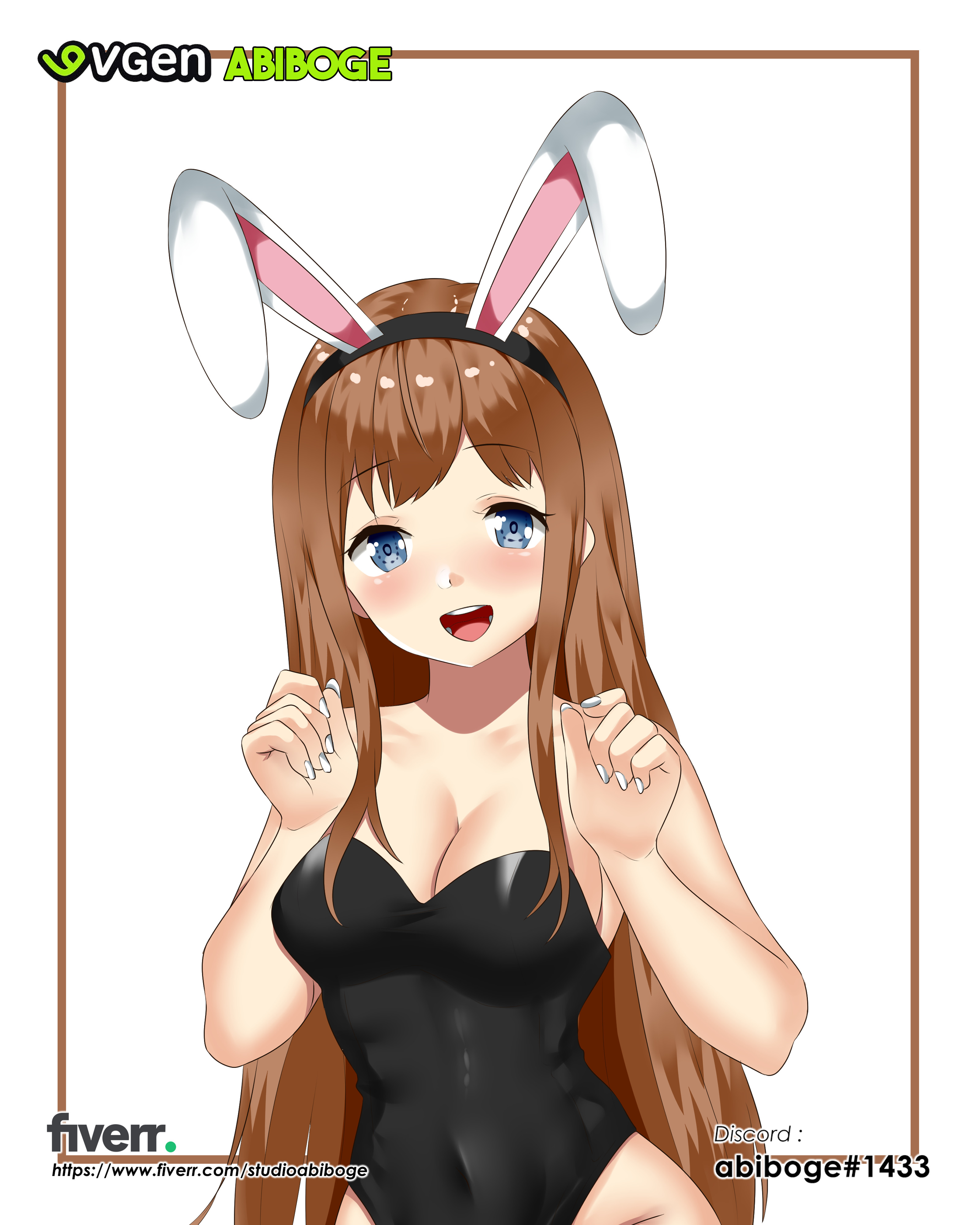 abiboge, original, absurdres, commentary, commission, english commentary, highres, 1girl, animal ear hairband, animal ears, artist name, bare shoulders, black leotard, blue eyes, breasts, brown hair, cleavage, fake animal ears, hairband, large breasts, leotard, open mouth, playboy bunny, rabbit ear hairband, rabbit ears, smile, solo, strapless, strapless leotard, upper body, watermark, web address, white nails