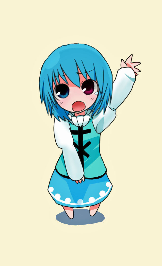 himegi, tatara kogasa, touhou, bad id, bad pixiv id, 1girl, blue eyes, blue hair, blush, chibi, female focus, full body, heterochromia, red eyes, simple background, solo, standing, tears