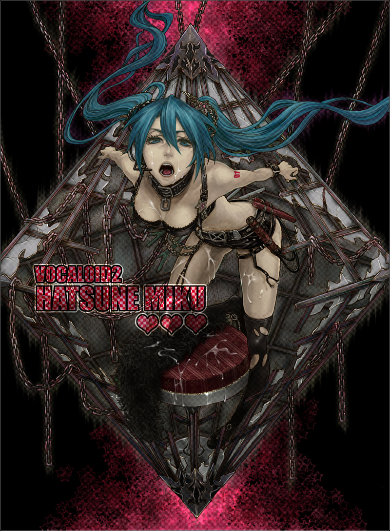 azuma yuuhi, hatsune miku, vocaloid, bad id, bad pixiv id, 00s, 1girl, aqua eyes, aqua hair, belt, breasts, chain, cleavage, collar, dynamite, explosive, female focus, large breasts, leather, long hair, matching hair/eyes, midriff, open mouth, solo, suggestive fluid, thighhighs, torn clothes, twintails, whip