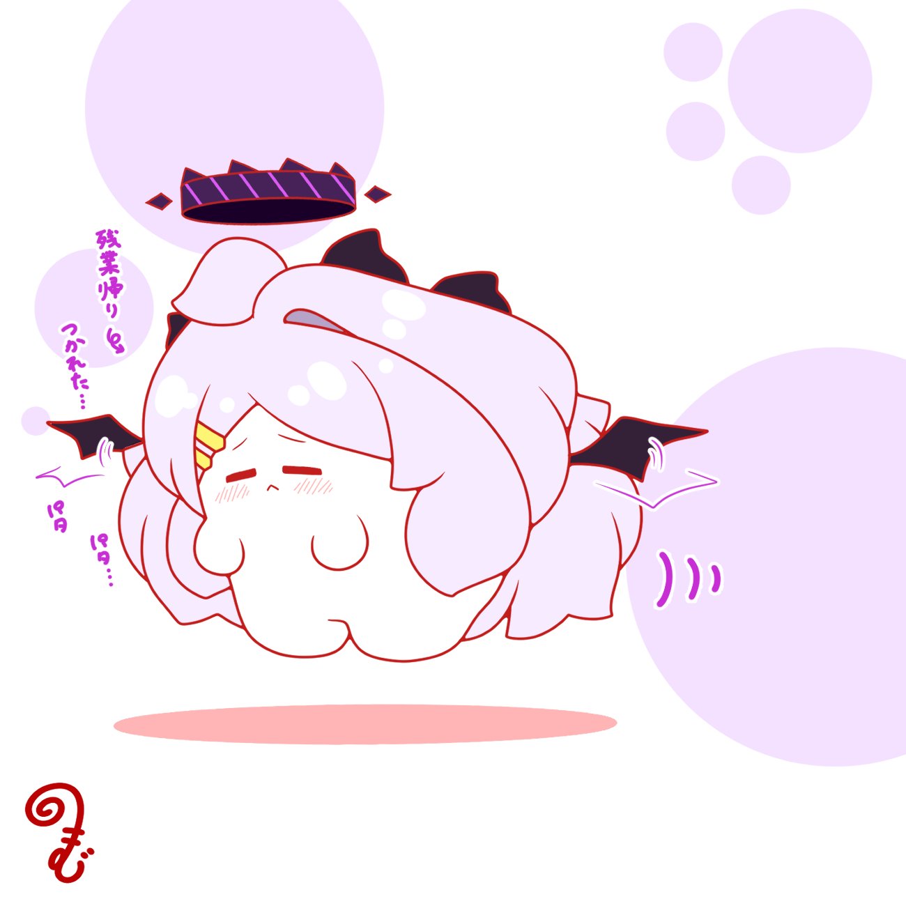 kurukurumagical, hina (blue archive), blue archive, commentary request, highres, translation request, afterimage, ahoge, black wings, blush, chibi, closed eyes, closed mouth, colored shadow, flapping, flying, full body, grey hair, hair ornament, hairclip, halo, horns, long hair, shadow, single hair intake, solo, very long hair, white background, wings