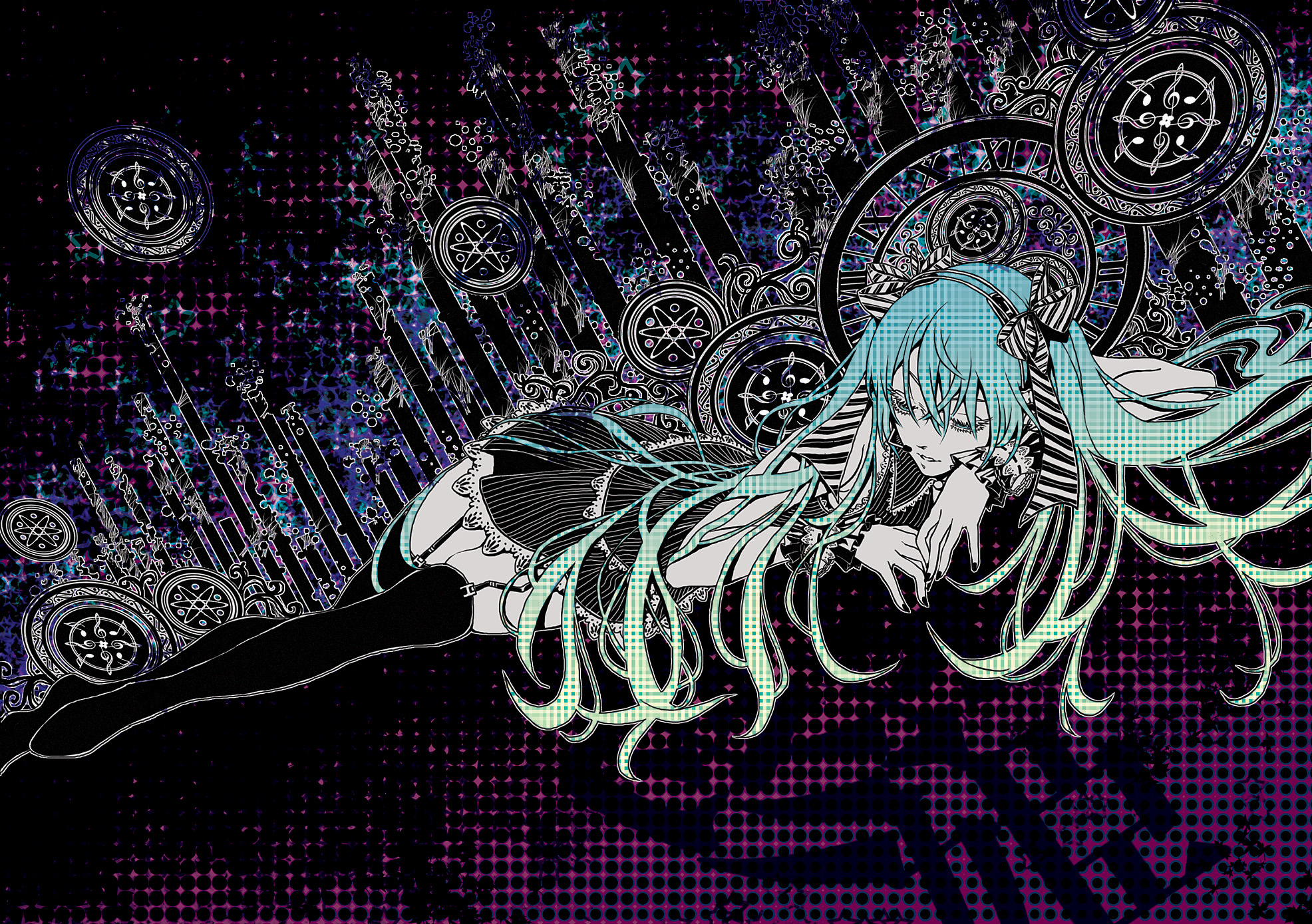 azuma yuuhi, hatsune miku, vocaloid, bad id, bad pixiv id, highres, 00s, 1girl, aqua eyes, aqua hair, blue hair, female focus, gradient hair, green hair, hair ribbon, headphones, headset, long hair, lying, multicolored hair, on stomach, ribbon, solo, thighhighs, twintails