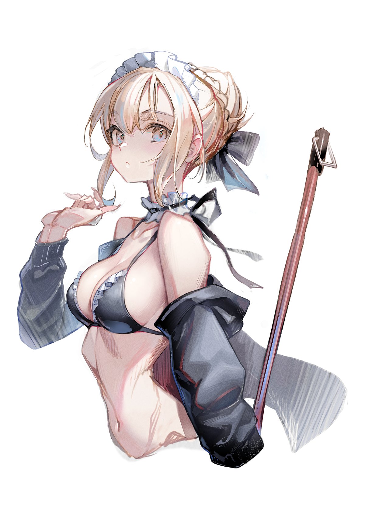 suishougensou, artoria pendragon (fate), saber alter, saber alter (swimsuit rider) (second ascension), fate/grand order, fate (series), highres, 1girl, bare shoulders, bikini, black bikini, black jacket, blonde hair, blush, braid, breasts, choker, cleavage, frilled choker, frills, hair bun, hood, hooded jacket, jacket, long sleeves, looking at viewer, maid, maid bikini, maid headdress, medium breasts, medium hair, mop, navel, off shoulder, open clothes, open jacket, short hair, sidelocks, solo, swimsuit, unconventional maid, yellow eyes