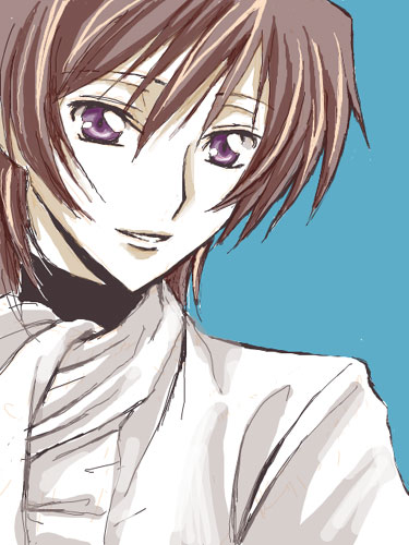 koromo (kinu), lelouch vi britannia, code geass, lowres, 00s, 1boy, brown hair, male focus, purple eyes, simple background, smile, solo, upper body