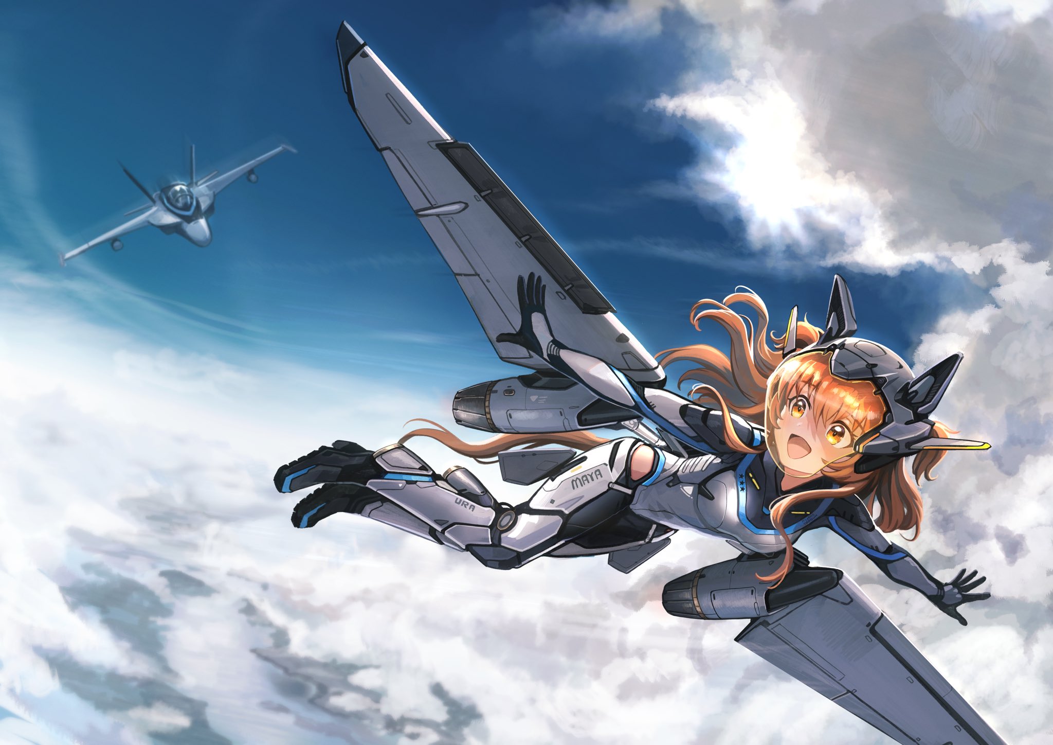 ponpochi, mayano top gun (umamusume), umamusume, highres, 1girl, aircraft, airplane, animal ears, bodysuit, cloud, fighter jet, flying, helmet, horse ears, horse girl, horse tail, mecha musume, mechanical wings, military vehicle, orange eyes, orange hair, orange tail, smile, tail, thrusters, wings