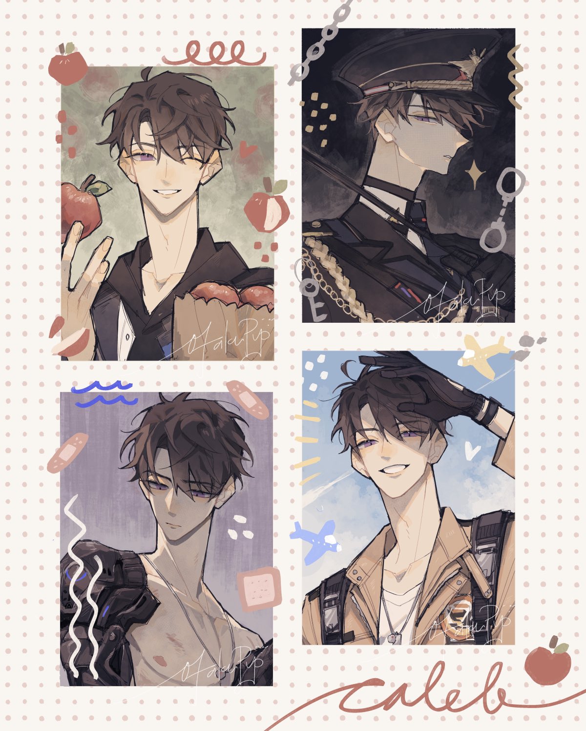 otakupup, caleb (love and deepspace), love and deepspace, highres, 1boy, apple, artist name, bag, black gloves, black hat, black hoodie, black jacket, brown hair, brown jacket, character name, cuffs, dog tags, food, fruit, gloves, hair between eyes, hair over one eye, handcuffs, hat, holding, holding bag, holding baton (weapon), holding food, holding fruit, hood, hood down, hoodie, jacket, male focus, military hat, military uniform, multiple views, official alternate costume, one eye closed, open clothes, open jacket, parted bangs, parted lips, pectorals, portrait, purple eyes, shading eyes, shirt, short hair, smile, solo, teeth, upper body, white shirt