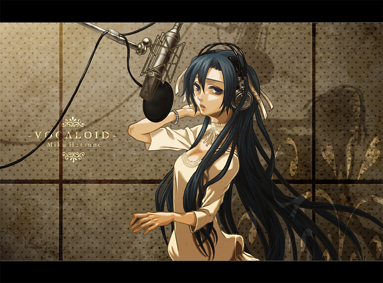 azuma yuuhi, hatsune miku, vocaloid, bad id, bad pixiv id, green eyes, green hair, hair ribbon, headphones, headset, letterboxed, long hair, microphone, microphone stand, ribbon, solo, studio microphone, twintails