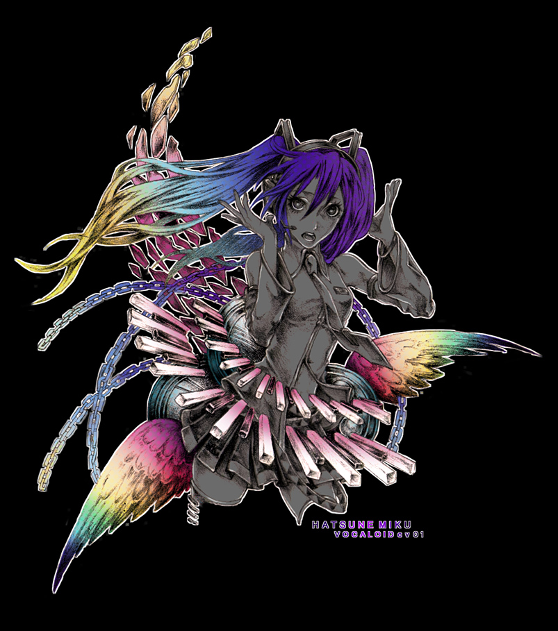 azuma yuuhi, hatsune miku, vocaloid, bad id, bad pixiv id, chain, colorful, gradient hair, headphones, headset, microphone, multicolored hair, necktie, open mouth, skirt, solo, wings