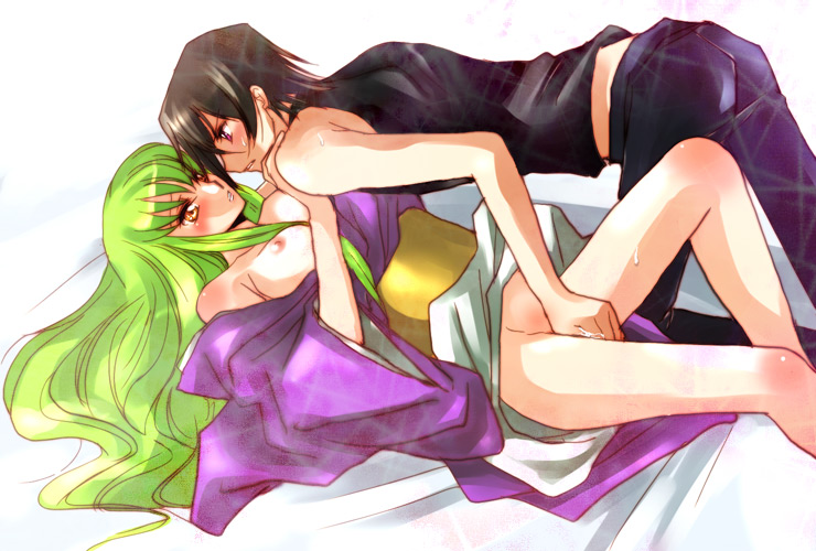 koromo (kinu), c.c., lelouch vi britannia, code geass, bad id, bad pixiv id, 00s, 1boy, 1girl, black hair, blush, breasts, fingering, green hair, hetero, japanese clothes, kimono, long hair, purple eyes, sweat, wet, yellow eyes