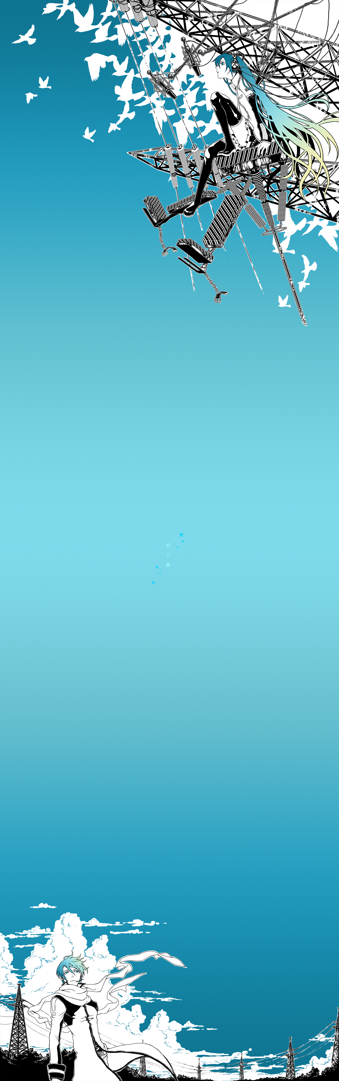 azuma yuuhi, hatsune miku, kaito (vocaloid), vocaloid, absurdres, bad id, bad pixiv id, highres, long image, tall image, 1boy, 1girl, aqua hair, bird, blue hair, cloud, detached sleeves, gradient hair, headphones, headset, long hair, microphone, microphone stand, multicolored hair, power lines, scarf, sitting, skirt, sky, thighhighs, wind