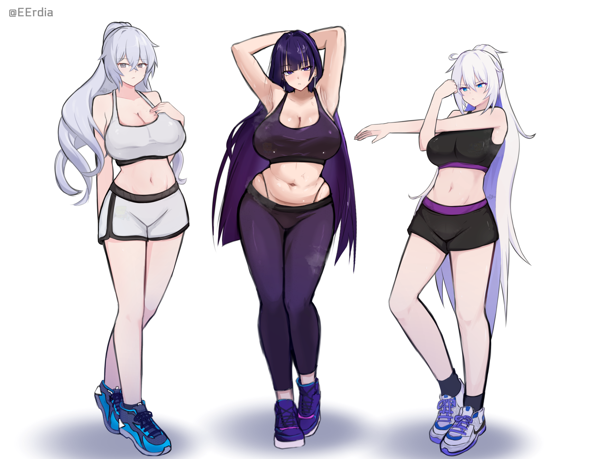 eruda erudia, bronya zaychik, bronya zaychik (silverwing: n-ex), kiana kaslana, raiden mei, raiden mei (apho), honkai (series), honkai impact 3rd, commentary, english commentary, highres, 3girls, alternate breast size (larger), alternate costume, armpits, arms behind head, black shorts, black sports bra, blue eyes, blue shoes, breasts, drill hair, grey eyes, gym shorts, huge breasts, large breasts, leggings, long hair, midriff, multiple girls, navel, pants, purple eyes, purple hair, purple leggings, purple shoes, shoes, shorts, smile, sports bra, twitter username, very long hair, white hair, white shoes, white shorts, white sports bra, yoga pants