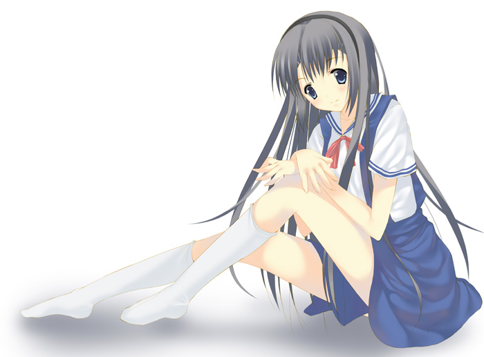 in (pixiv), joeian, sakagami tomoyo, clannad, silver hair, bad id, bad pixiv id, 00s, 1girl, blue eyes, blush, female focus, hairband, kneehighs, long hair, school uniform, serafuku, skirt, socks, solo