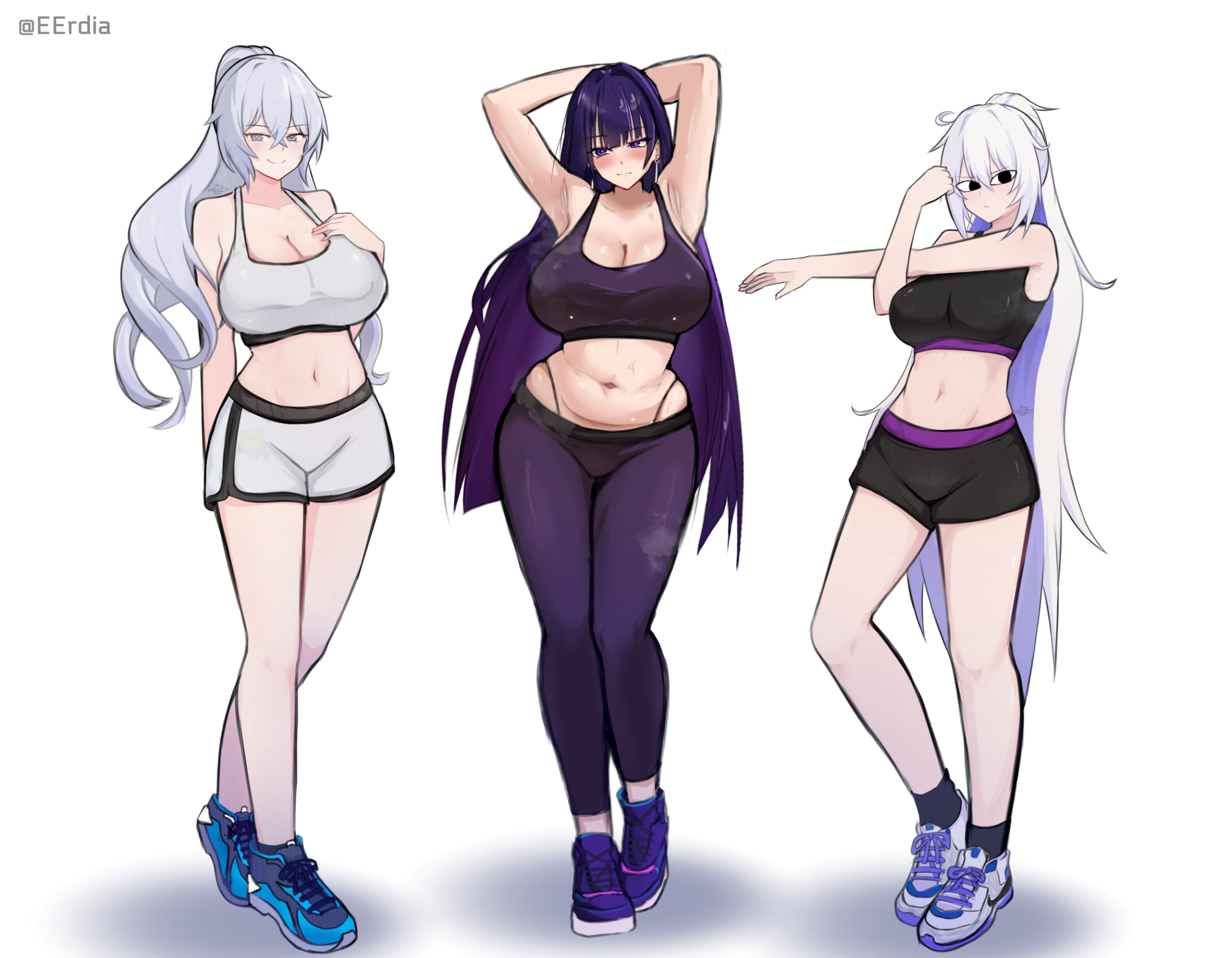 eruda erudia, bronya zaychik, bronya zaychik (silverwing: n-ex), kiana kaslana, raiden mei, raiden mei (apho), honkai (series), honkai impact 3rd, commentary, english commentary, highres, 3girls, alternate breast size (larger), alternate costume, armpits, arms behind head, black shorts, black sports bra, blue shoes, breasts, drill hair, grey eyes, gym shorts, huge breasts, large breasts, leggings, long hair, midriff, multiple girls, navel, pants, purple eyes, purple hair, purple leggings, purple shoes, shoes, shorts, smile, sports bra, twitter username, very long hair, white hair, white shoes, white shorts, white sports bra, yoga pants