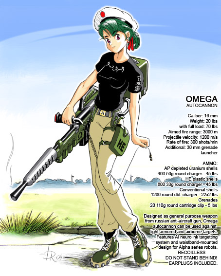hatsuseno alpha, yokohama kaidashi kikou, hard-translated, third-party edit, 00s, 1girl, 2004, android, belt, beret, boots, breasts, combat boots, english text, female focus, folded ponytail, full body, green hair, gun, hat, holster, huge weapon, out of character, pants, purple eyes, shirt, short hair, signature, solo, t-shirt, thigh holster, weapon
