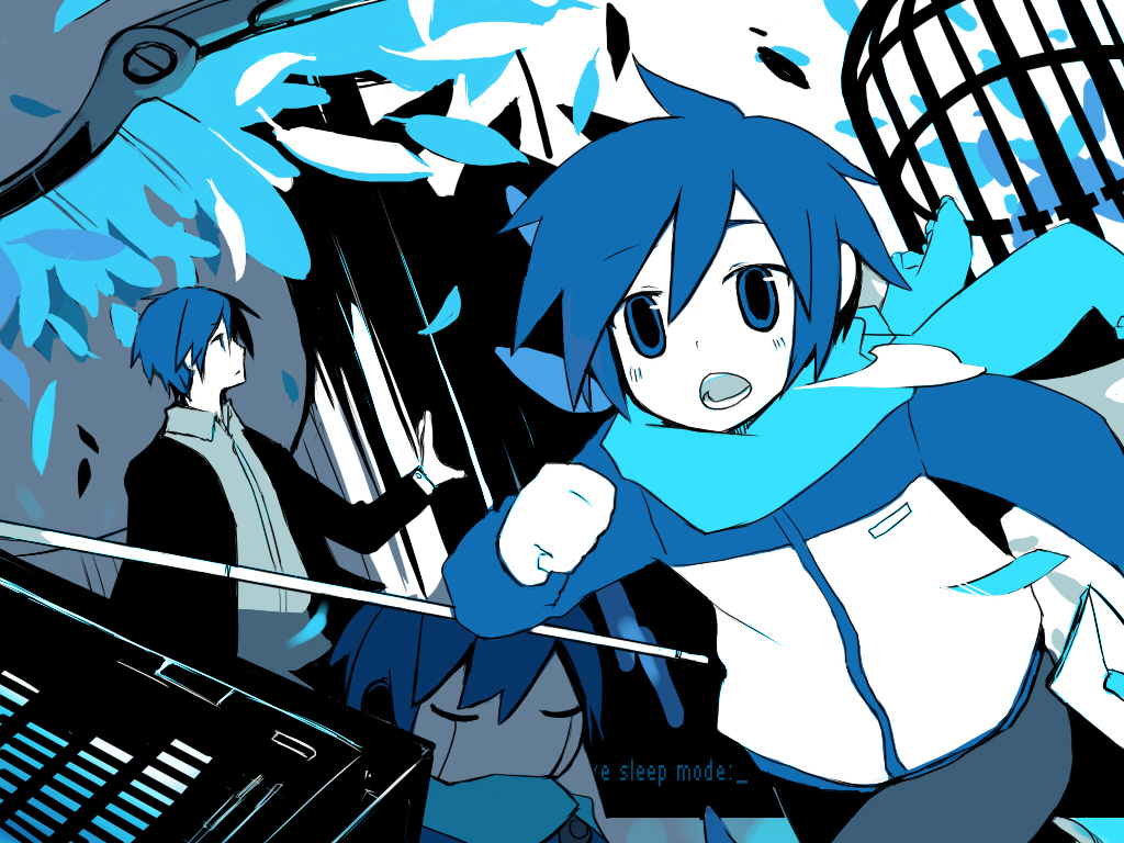 verus, kaito (vocaloid), old radio (vocaloid), vocaloid, 1boy, blue eyes, blue hair, blue scarf, child, dual persona, feathers, male focus, matching hair/eyes, mechanical wings, radio, robot, scarf, solo, wings