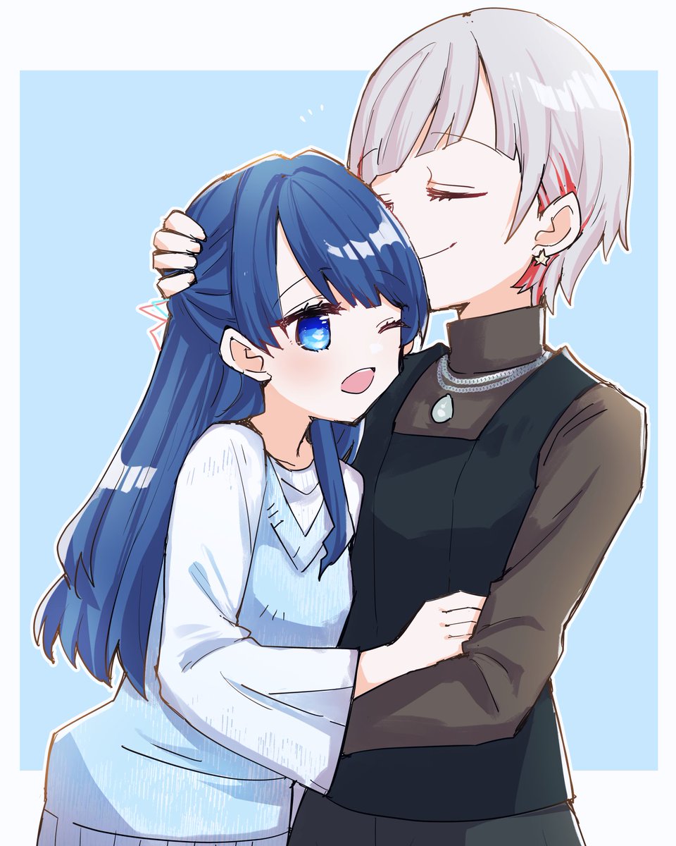 kanduki kamibukuro, murano sayaka, murano sayaka (winter casual), yugiri tsuzuri, yugiri tsuzuri (post-graduation), link! like! love live!, love live!, commentary request, highres, 2girls, blue background, blue eyes, blue hair, blue ribbon, blue sweater vest, border, brown shirt, chain, chain necklace, closed mouth, earrings, grey hair, hair ribbon, half updo, jewelry, long hair, long sleeves, multicolored hair, multiple girls, necklace, official alternate costume, open mouth, outside border, red hair, red ribbon, ribbon, shirt, short hair, simple background, smelling, smelling hair, star (symbol), star earrings, streaked hair, sweater, sweater vest, turtleneck, turtleneck shirt, v-neck, virtual youtuber, white border, white sweater