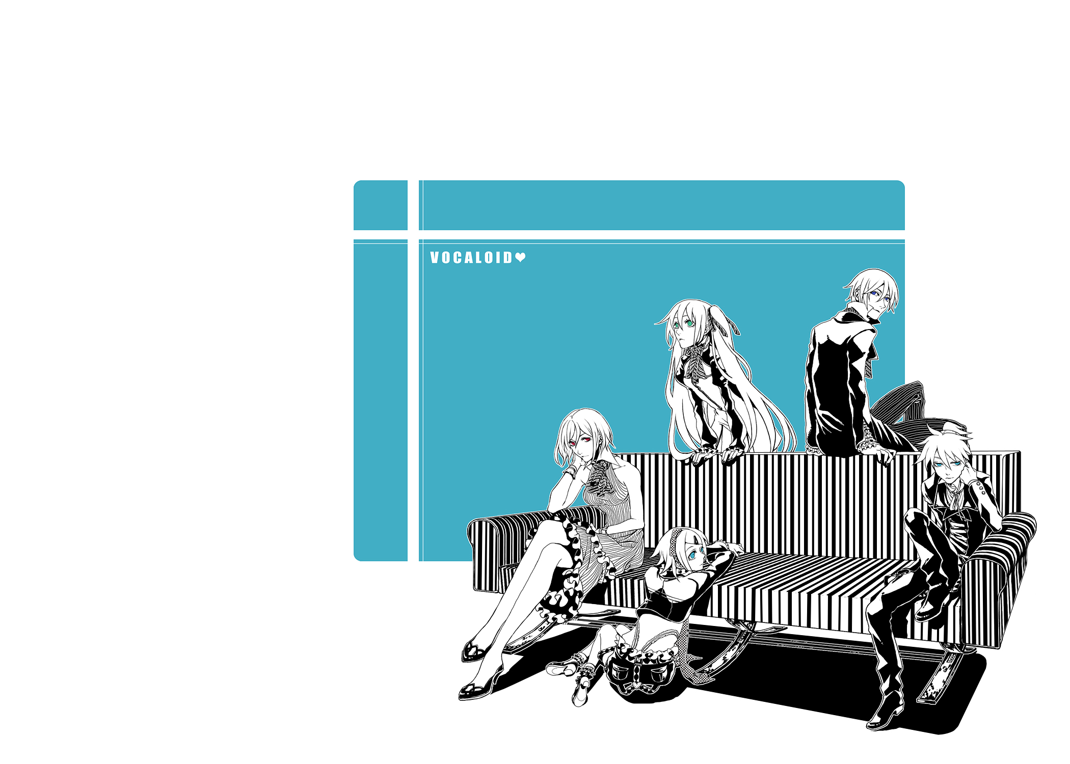 azuma yuuhi, hatsune miku, kagamine len, kagamine rin, kaito (vocaloid), meiko (vocaloid), vocaloid, bad id, bad pixiv id, highres, 2boys, 3girls, aqua eyes, blue eyes, casual, dress, green eyes, hair ornament, hair ribbon, hairclip, long hair, monochrome, multiple boys, multiple girls, red eyes, ribbon, short hair, sitting, spot color, twintails