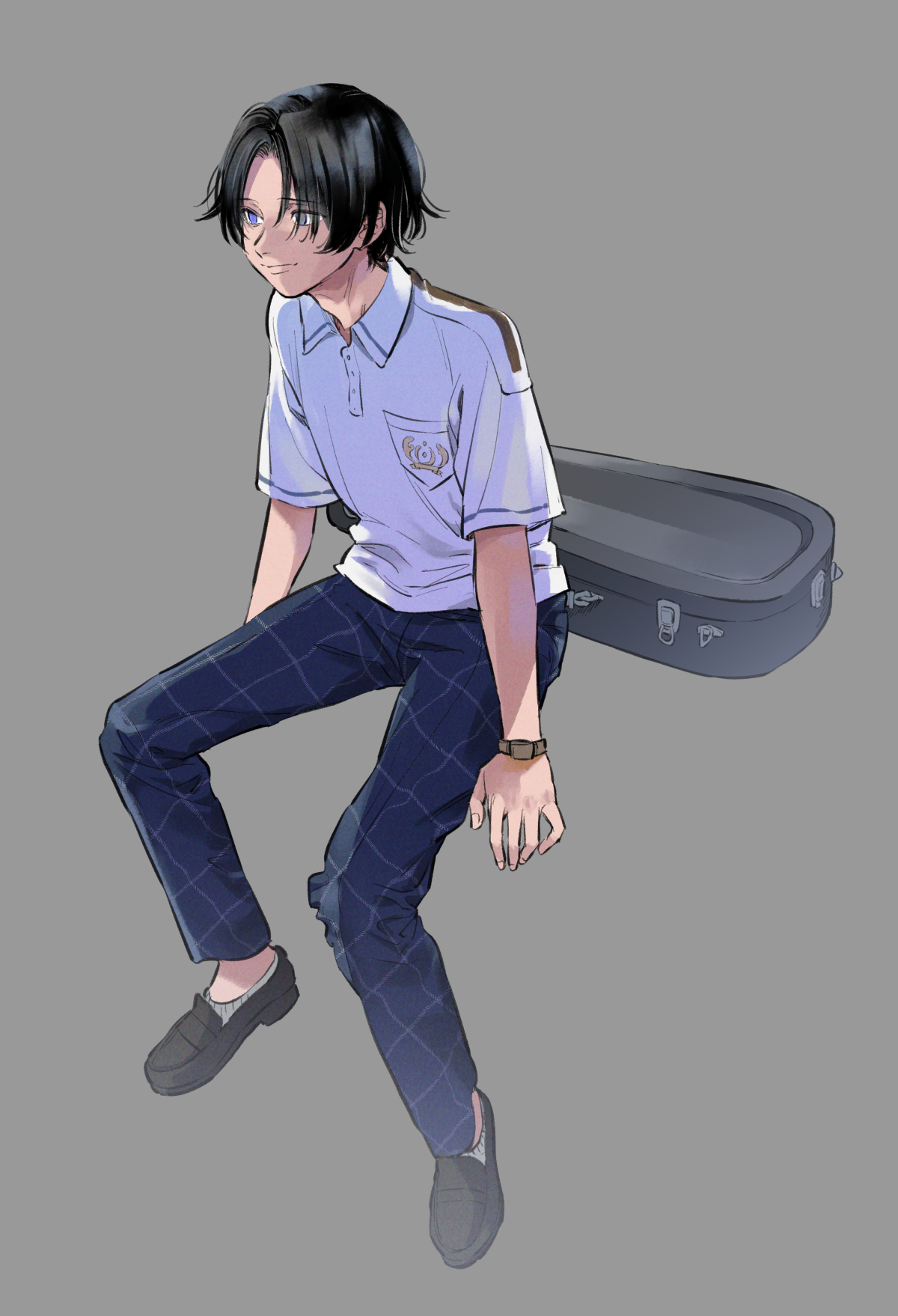 original, commentary request, highres, 1boy, ano amesuke, black hair, black shoes, blue pants, full body, grey socks, instrument case, invisible chair, light smile, male focus, pants, plaid clothes, plaid pants, polo shirt, purple eyes, school uniform, shirt, shoes, sitting, smartwatch, socks, solo, watch, white shirt, wristwatch