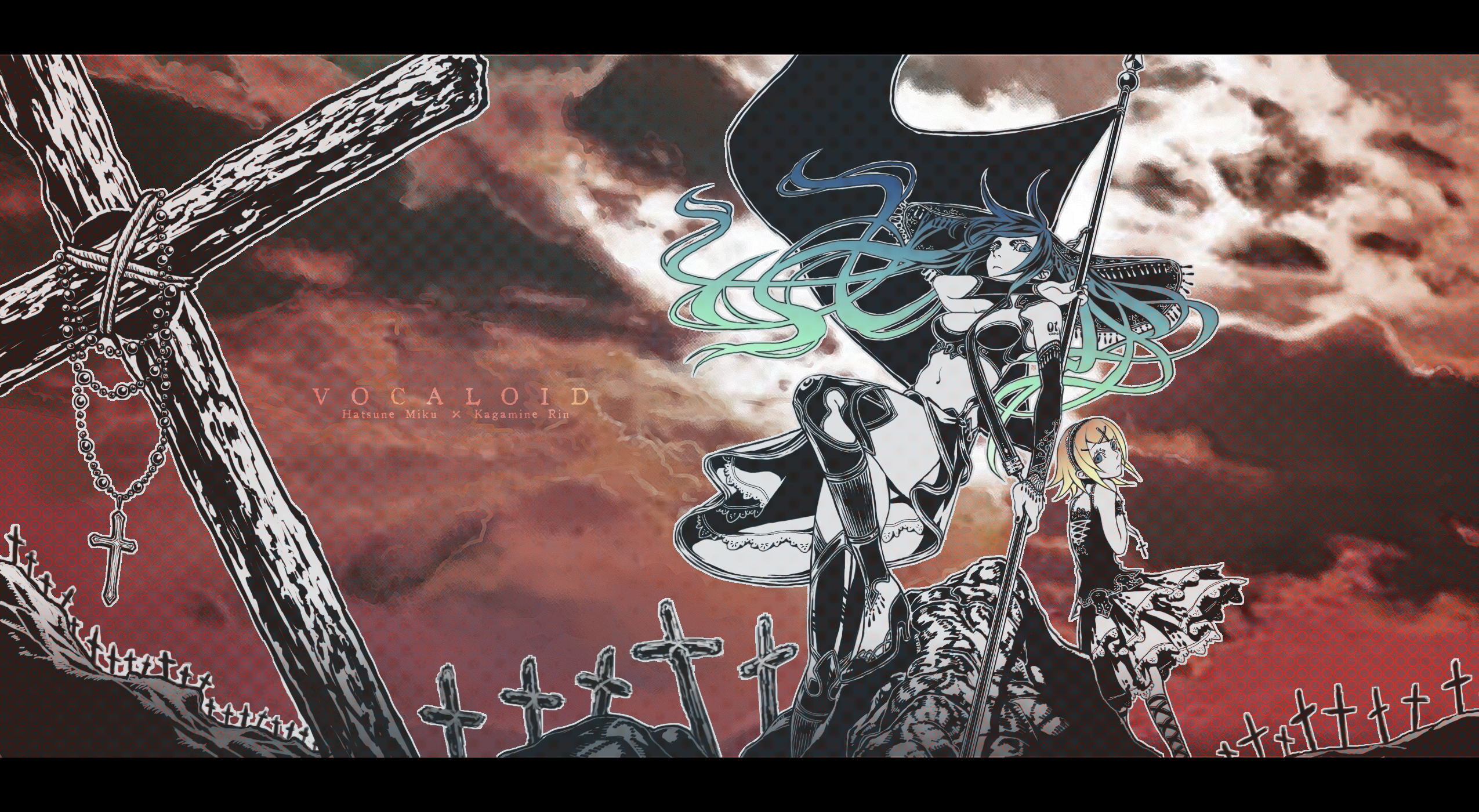 azuma yuuhi, hatsune miku, kagamine rin, vocaloid, bad id, bad pixiv id, highres, 2girls, aqua hair, armor, blonde hair, blue eyes, blue hair, breasts, cleavage, flag, gradient hair, hair ornament, hairclip, headband, large breasts, letterboxed, long hair, midriff, multicolored hair, multiple girls, navel, short hair, skirt, twintails, wind