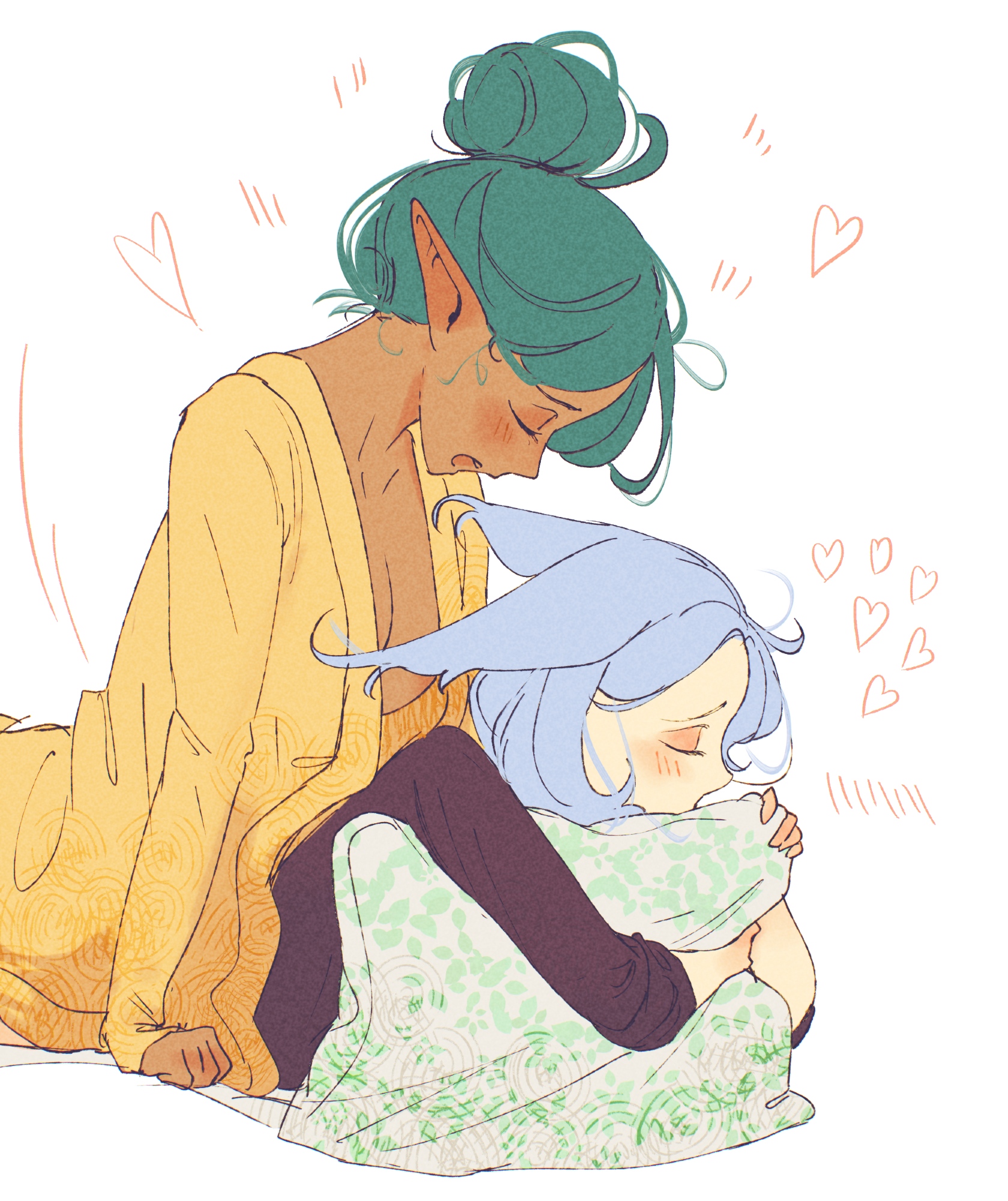 spindle (aidenr0), original, highres, 2girls, animal ears, black shirt, blue hair, blush, breasts, cleavage, convenient censoring, dark-skinned female, dark skin, elf, fox ears, fox girl, futa with futa, futanari, hair bun, hair up, heart, implied futanari, lyn (spindle (aidenr0)), multiple girls, naked shirt, open clothes, open shirt, pillow, pillow grab, pointy ears, sex, sex from behind, shirt, simple background, therese (spindle (aidenr0)), white background, yellow shirt