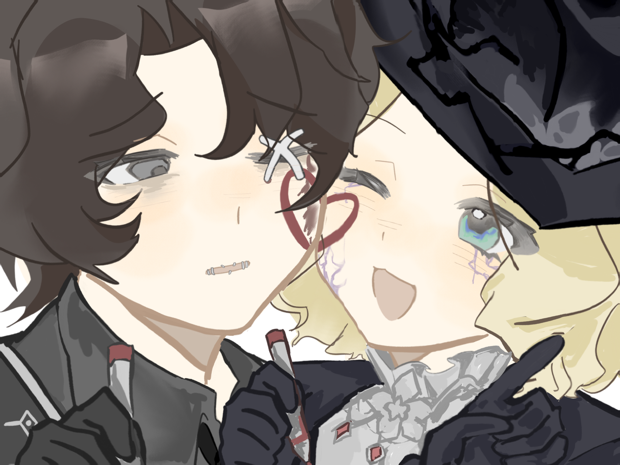 evelyn mora (plea to the depths), matthias czernin, identity v, artist request, commission, highres, second-party source, 1boy, 1girl, black gloves, black hair, black jacket, black shirt, blonde hair, blush, cheek-to-cheek, cheek press, collared shirt, cross stitch, drawn heart, evelyn mora, frills, gloves, green eyes, grey eyes, hat, heads together, heart, holding, holding pen, jacket, looking at another, one eye closed, open mouth, pen, portrait, scar, shirt, short hair, simple background, smile, stitched eye, stitched mouth, stitches, wavy hair, white background